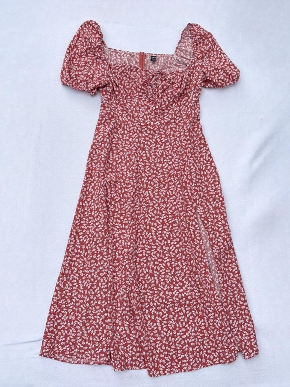 Shein Red Puff Sleeve Floral Bustier Maxi Dress Sz L Cottage Fall Autumn Prairie